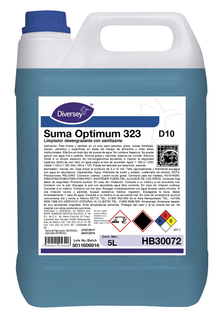 SUMA OPTIMUM 323 ULT. 4x5L - Limpiador desengrasante concentrado con sanitizante a base de cuaternario de amonio.